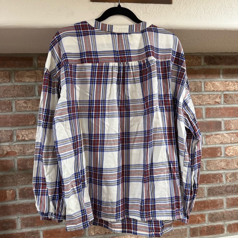 Every Moment Red Blue White Plaid Long Sleeve Popover Blouse Top - Picture 4 of 5